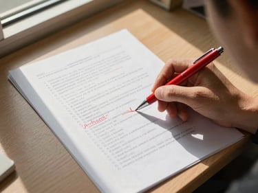 Overhead shot of a graded assessment paper with a red pen marking answers on a classroom desk, warm natural window light