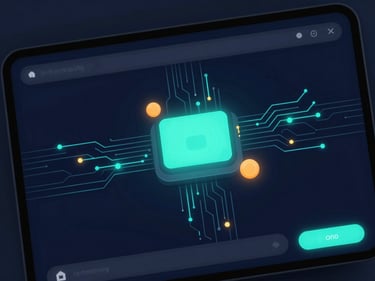 Close-up of a modern web interface mockup on a dark screen, glowing electric cyan accents, deep navy background, sleek 3D render.