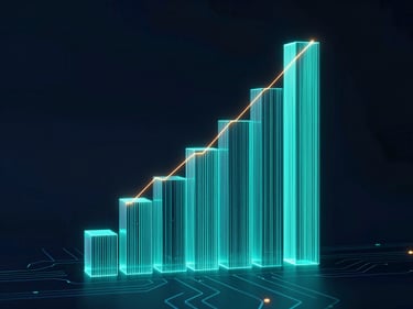 Abstract 3D render of a growing bar chart constructed from glowing cyan vector lines, dark low-key lighting.