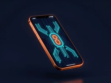 A sleek smartphone floating in dark space, displaying a vibrant user interface with orange neon rim lights, octane render.