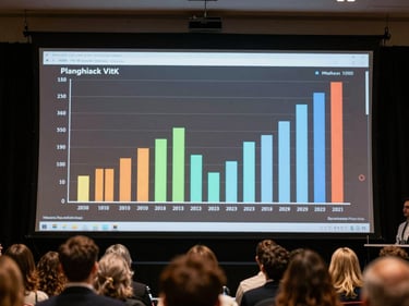 Wide event venue screen showing live vote results as animated bar chart, crowd visible in foreground looking at the screen, natural venue lighting