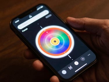 Close-up overhead shot of a smartphone screen displaying a colorful spinning wheel interface mid-spin, event venue ambient lighting, hand visible at edge of frame