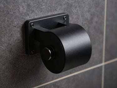 Detail macro shot of a matte-black wall-mounted toilet roll holder and towel bar bracket against a dark grey tile wall, hard directional strobe light from the left revealing surface grain and fastening hardware, no people, no bathroom context