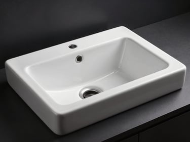 Three-quarter angle studio photograph of a rectangular undermount ceramic sink in matte white against a deep black surface, strobe light from the upper right casting a precise shadow line along the basin rim, no faucet, no accessories