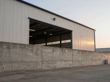 Ground-level view of a large warehouse facility in Poranki industrial zone, concrete boundary wall, open gate showing interior bay, warm overcast light, no people