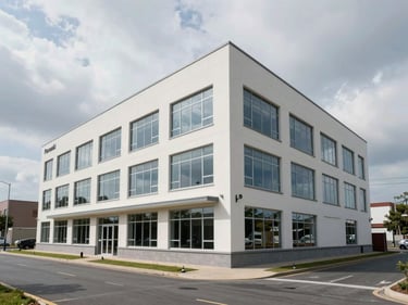 Exterior of a newly constructed commercial office block in Poranki, overcast daylight, clean plastered facade with aluminium-frame windows, wide environmental shot showing the emerging commercial zone street, low-rise surroundings giving scale context