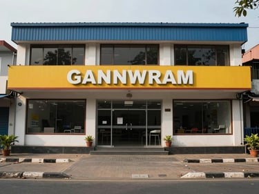 Street-level view of a commercial building facade in Gannavaram near the airport road, overcast light, signage-ready frontage, paved entry, no people
