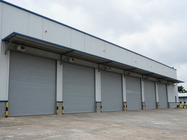 Exterior of a large industrial warehouse building in Auto Nagar Vijayawada, overcast daylight, wide rolling shutter doors closed, concrete apron in foreground, no people