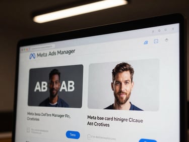 Close-up of a screen displaying Meta Ads Manager with an active A/B creative test running, two ad variants side by side, studio lighting overhead, no glare, metrics visible