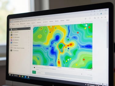 Close-up of a monitor showing an AdSense inventory dashboard with placement heatmap visible, north-facing daylight from a nearby window, no screen glare, data fully legible