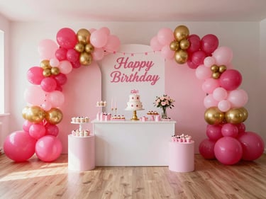 Wide environmental shot of a fully styled themed birthday party room with coordinated hot pink and gold decor, balloon columns, banner, and dessert table, bright warm studio lighting, no people