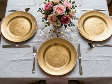 Overhead flat lay of a styled party tablescape with gold charger plates, pink floral centerpiece, confetti, and layered linens, bright natural window light, sharp focus on textures