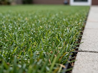 Close-up of freshly installed artificial turf seam on a GTA residential backyard, natural daylight, lush green blades, concrete edge visible at right