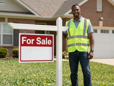 Real estate sign post being installed on a Toronto front lawn, crew hand visible tamping base, brick semi-detached house in background, clear daylight