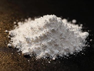 Macro shot of pure white crystalline creatine powder, dramatic studio lighting, gold reflections, deep black background