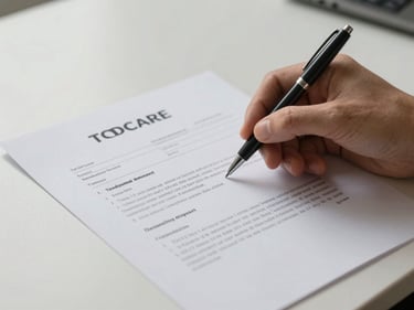 Close-up of a hand placing a pen beside a printed tenancy agreement on a plain desk, overcast north-facing light, no faces visible, clean and minimal