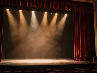 Theater stage lit with warm amber spotlights, velvet curtain to the right, empty front rows just visible at the bottom, dramatic theatrical atmosphere