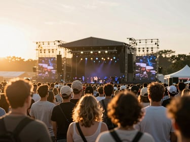 Outdoor festival at golden hour, crowd from behind looking toward a main stage, warm sunlight cutting across silhouettes from the left