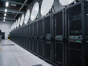 Wide shot of event infrastructure setup: antenna arrays, server racks, and signal distribution hardware mounted in a venue backstage corridor, industrial overhead lighting, no people, bleached cool palette