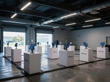 Wide environmental shot of a large indoor activation space before doors open, rows of empty branded stations with tablets mounted, overhead practical lighting casting cool blue tones, cables running along the floor in organized conduits