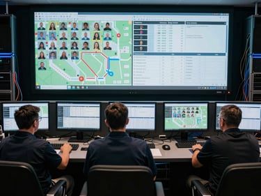 Overhead control booth mid-event with four operators monitoring multiple screens displaying attendee flow maps and registration data, cool blue ambient lighting, cables and server racks visible at edges, desaturated industrial palette