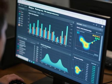 Close-up of a data dashboard screen displaying real-time engagement metrics, bar charts and heat maps updating live, hands of an operator visible at the edge of frame, cool blue-white light from the monitor, dark ambient background