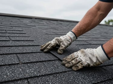 Close-up side-angle shot of a roofer's hands pressing a new asphalt shingle into place on a Sioux City home, natural overcast daylight, worn work gloves visible, roofline horizon behind