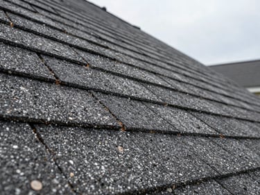 Close-up of worn asphalt shingles with cracked edges and granule loss on a Midwest home, natural overcast daylight, side-angle framing showing texture and age detail