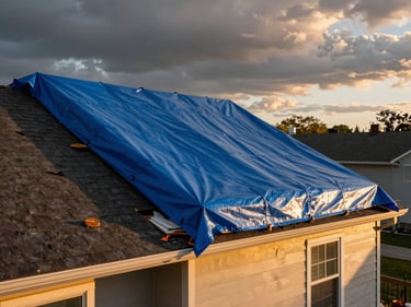 Blue emergency tarp secured over a damaged residential roofline after a Midwest storm, roofers fastening the edges at dusk, warm golden-hour work-site light on one side, dark clouds behind