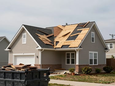 Wide shot of a Sioux City home with a full roof tear-off in progress, old shingles stacked in a dumpster in the driveway, roofers laying new decking, overcast afternoon light