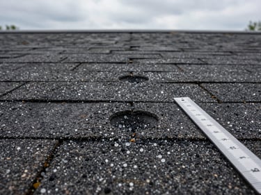 Close-up of hail impact craters on dark asphalt shingles, granule loss visible around each dent, flat natural daylight from overcast Iowa sky, ruler held alongside for scale