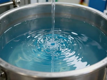 Electronics and semiconductor fab wastewater treatment tank, clear blue-tinted rinse water in a stainless steel basin, close-up of fluid surface under controlled plant lighting showing chemical treatment effect