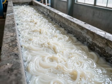Rubber latex processing plant effluent channel, opaque white latex wastewater flowing through a concrete trough, close-medium shot under natural daylight from overhead skylights