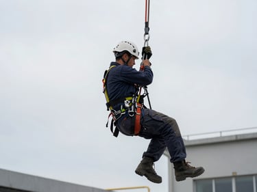 Worker in full harness and helmet secured to lifeline anchor system on industrial rooftop, overcast daylight, safety equipment clearly visible