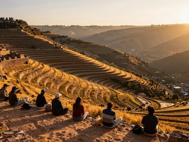 Panoramic view of the Sacred Valley at golden hour, terraced Incan hillsides glowing amber, a group of travelers seated on stone ruins in the foreground looking toward the valley, soft haze in the distance
