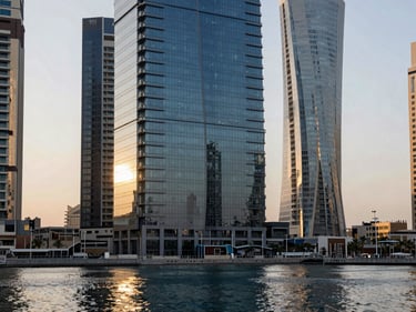 Straight-on architectural exterior of a glass-facade tower in Dubai Marina, evening light, reflections on water below, full-frame vertical crop