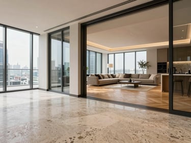 Entry sight line into a DIFC apartment, travertine flooring transition to parquet, open-plan living room lit by south-facing floor-to-ceiling windows, no people, studio lighting augmented by natural