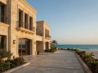 Beachfront townhouse exterior in Jumeirah, sand-colored stone facade, wide landscaped approach path, turquoise sea in background, golden-hour low-angle architectural light