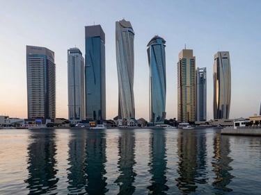 Straight-on architectural photograph of Dubai Marina's canal frontage at dusk, glass towers reflected in still water, no people, wide environmental framing