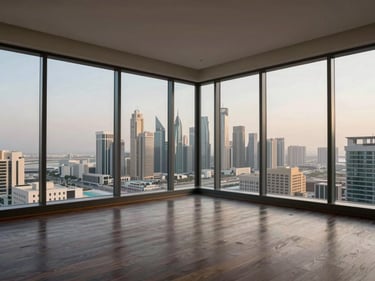 Corner-to-corner wide interior of a Business Bay high-floor apartment, dark hardwood floors, city grid visible through full-width glazing, late afternoon diffuse light