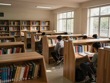 SISYA school library interior, rows of reference books and NCERT volumes, students seated at individual study carrels with notebooks open, quiet afternoon light through windows, no one looking at camera