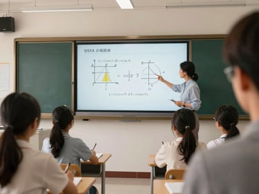 Close-up of a SISYA smart classroom, interactive whiteboard displaying a physics diagram, students seated in rows taking notes under warm overhead and natural side light, a teacher pointing at the board