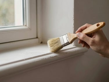 Close-up of a paint brush drawing a clean edge line along an old window trim against a freshly painted wall, warm daylight from the window, bristle detail sharp, slight paint sheen on the trim visible