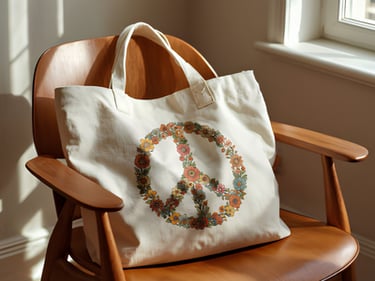 Canvas tote bag with retro floral peace sign.