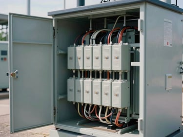 Ground-level close-up of a transformer substation cabinet open for inspection, dense wiring and busbars visible, neutral daylight from the left, industrial site background out of focus