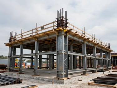 Wide shot of metal props and steel beams supporting a concrete slab formwork system on an active construction site, overcast daylight, load-bearing steel visible in structural arrangement