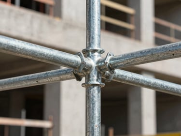 Close-up of tubular scaffolding connection joints on a concrete building facade, daylight, galvanized steel couplers and vertical tubes sharp in focus, construction site background