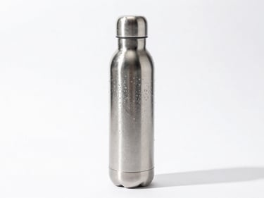 Stainless steel insulated water bottle with condensation, on a white background, bright studio lighting, sharp focus, 35mm
