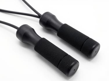 Close-up of an adjustable jump rope on a clean white background, bright studio lighting, sharp focus, 35mm