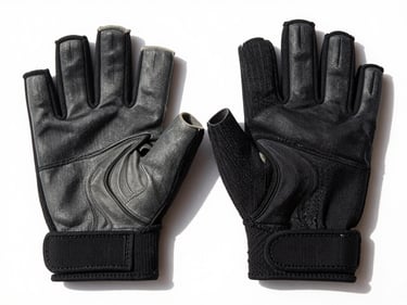 Pair of black ergonomic weightlifting gloves, palms facing up, on a white background, bright studio lighting, sharp focus, 35mm